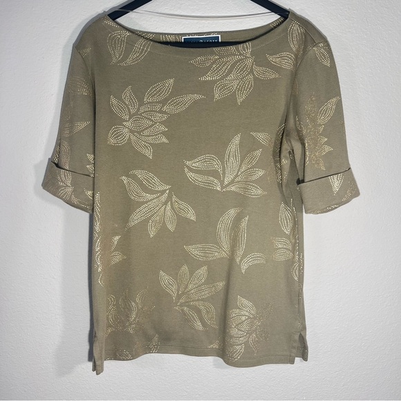 Karen Scott Gold and Green Boat Neck Cuffed Sleeve Blouse - Picture 1 of 6